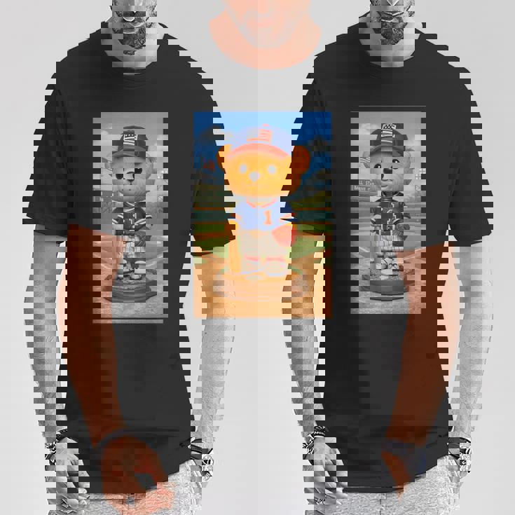 Cool Teddy Bear Baseball Player Illustration Graphic s Tシャツ 面白い贈り物