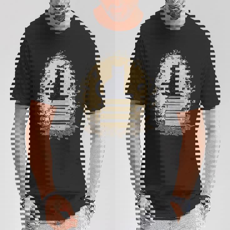 Cute Cat Sitting On Books With Mushrooms Cottage Core T-Shirt Unique Gifts