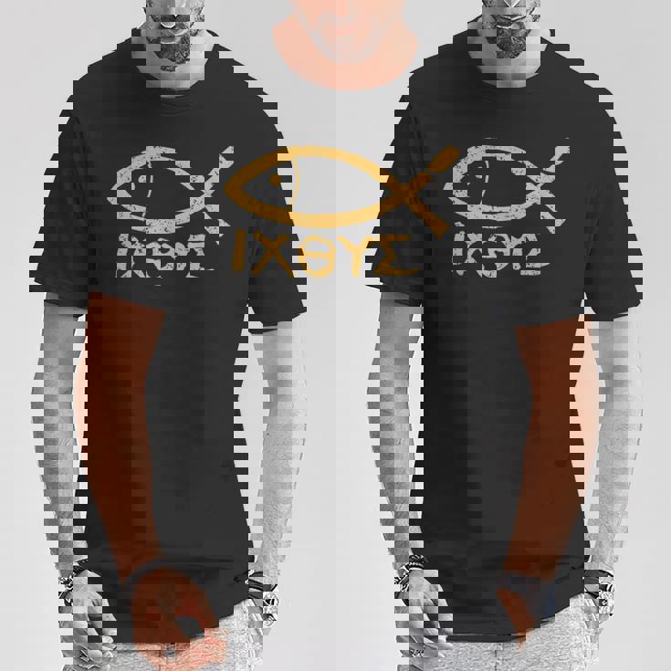 Ichthys イエス・キリスト 神の息子 救世主 古代魚のシンボル Tシャツ 面白い贈り物