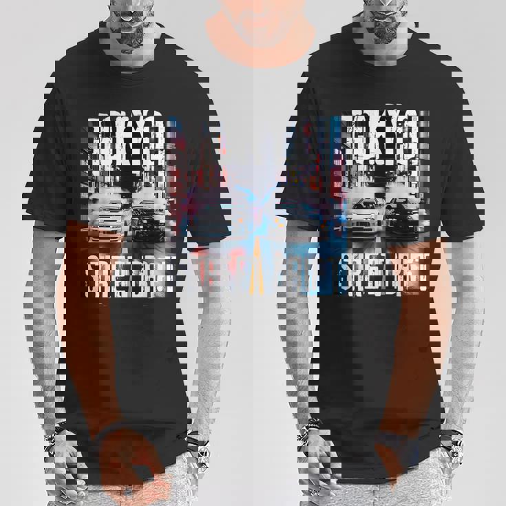 Jdm日本人ドリフトレースカー2台 東京ストリートドリフト夜 Tシャツ 面白い贈り物