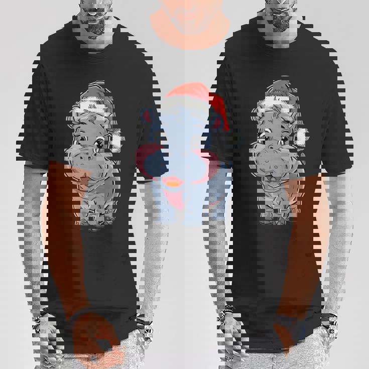 Joli Petit Hippopotame Chapeau De Père Noël Coloré Amusant Manche Longue T-Shirt Cadeaux drôles