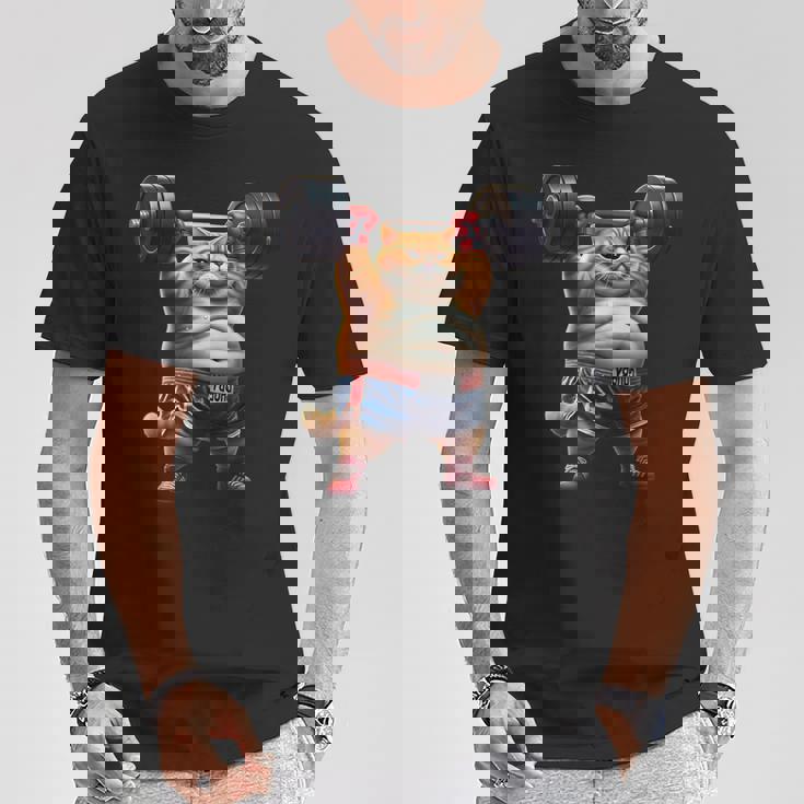 ギャグ ぽっちゃり猫 筋トレ ウエイトリフティング ジム 面白い グラフィック猫ミーム Tシャツ 面白い贈り物