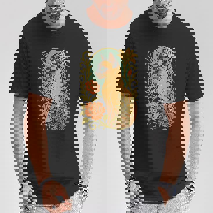 エレガントなガーデンフローラルに囲まれたヴィンテージシャム猫 Tシャツ 面白い贈り物