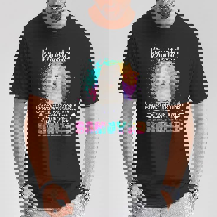 カラフルな世界 サモエド 犬 前足 犬のママ 服 ママ サモエドのアクセサリー 犬の学校 犬の飼い主 Tシャツ 面白い贈り物