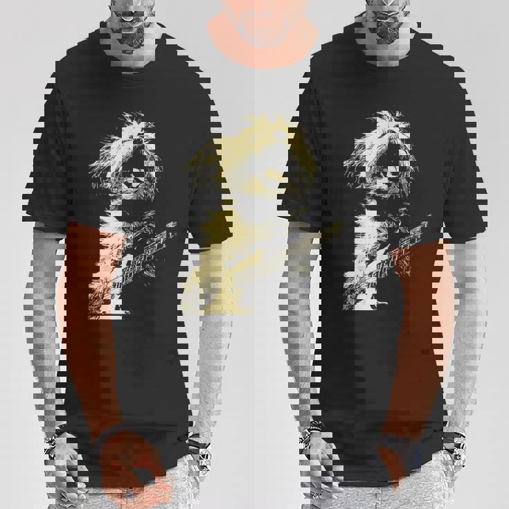 ギターロッカー ギタリスト 動物 パンク グランジ犬とマルチーズ Tシャツ 面白い贈り物