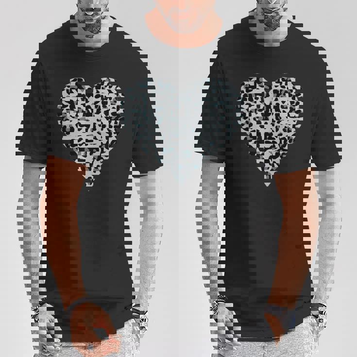 グレーとブラック ヒョウ柄 アニマルプリント ハート Tシャツ 面白い贈り物