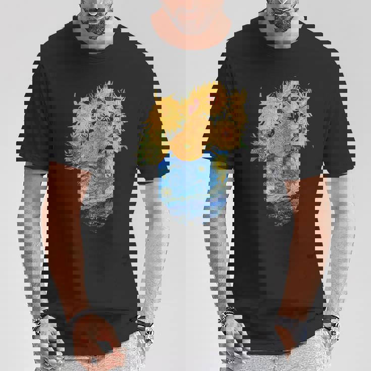 ゴッホ ひまわり&星月夜ポケット 美的アート Tシャツ 面白い贈り物