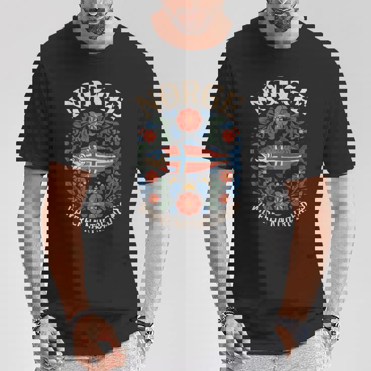 サーモン ノルウェー Rosemaling 花柄 フィヨルド 自然 Norge Tシャツ 面白い贈り物