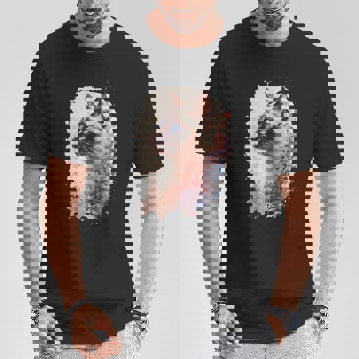 シャム猫 日本の桜 花柄 水彩 猫 Tシャツ 面白い贈り物