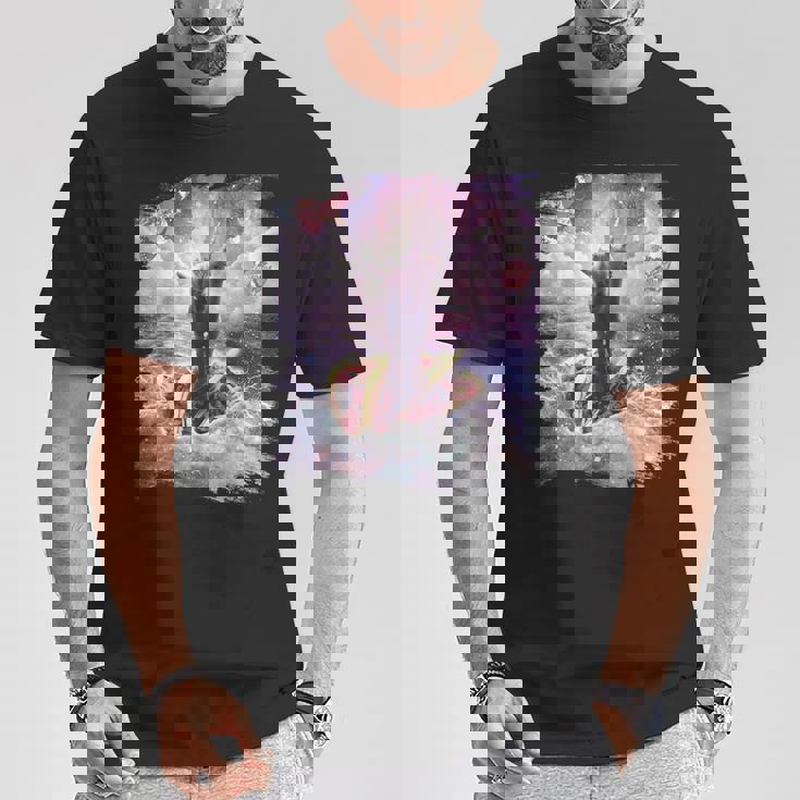 スペースキャットライディングアルパカユニコーン-ピザ＆タコス Tシャツ 面白い贈り物