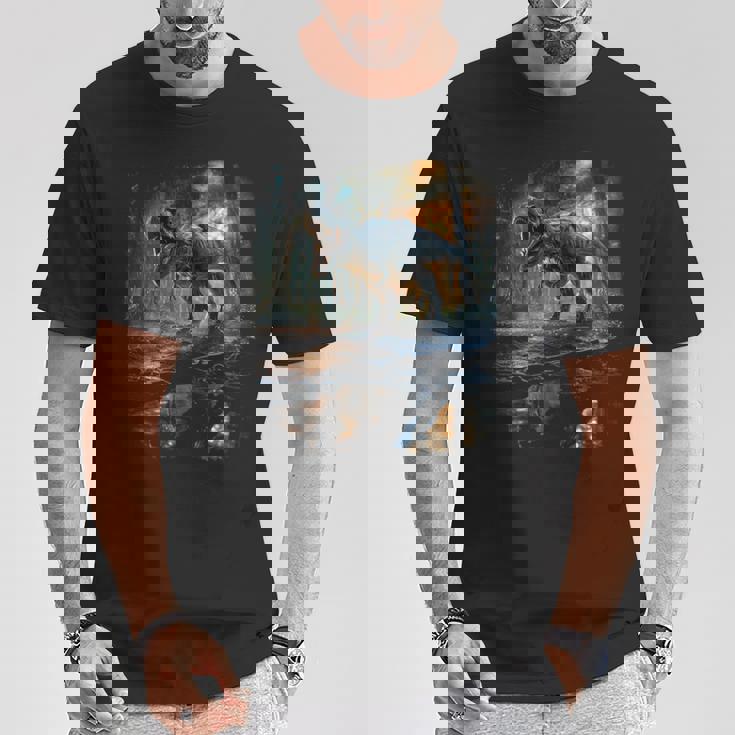 ティレックス 夜に吠える恐竜 リアルなグラフィックデザイン 長袖tシャツ Tシャツ 面白い贈り物