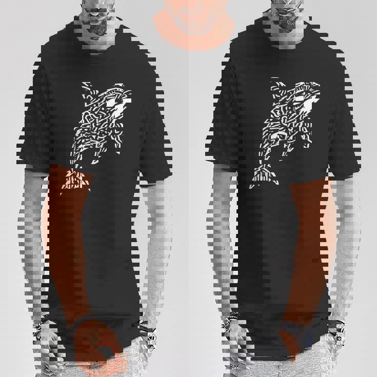 トライバル シャチ クジラ ハワイアン マオリ タトゥー オーシャン アート デザイン Tシャツ 面白い贈り物