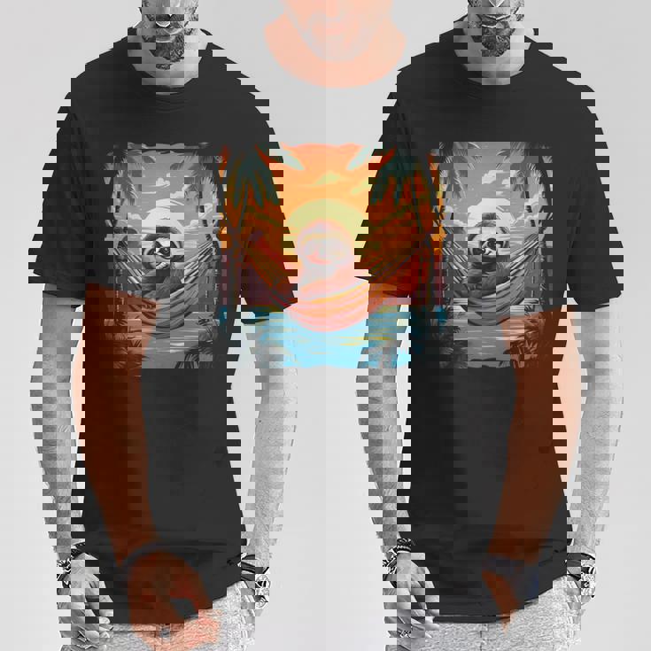 ナマケモノ ハンモック トロピカル サンセット リラクゼーション ヤシの木 平和 長袖tシャツ Tシャツ 面白い贈り物