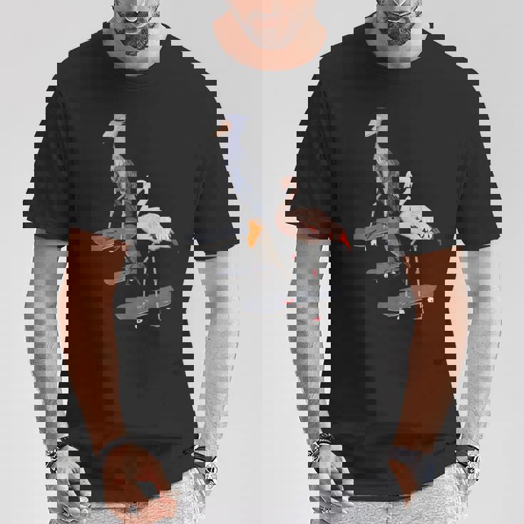 ハシビロコウ フラミンゴ スケートボード 鳥 動物 図 バードウォッチング 贈り物 鳥類学者 生物学者 自然科学 Tシャツ 面白い贈り物