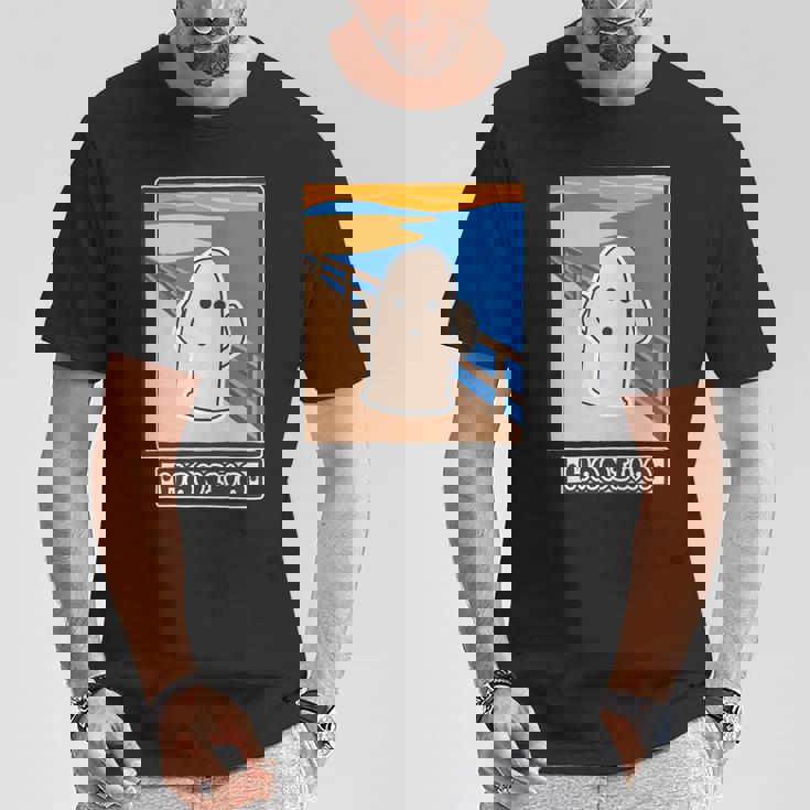 ハニワくん の ムンクの叫び 埴輪【ゆるフレンズ】名画 パロディ 歴史土器 キャラクター かわいい イラスト 面白い 長袖tシャツ Tシャツ 面白い贈り物