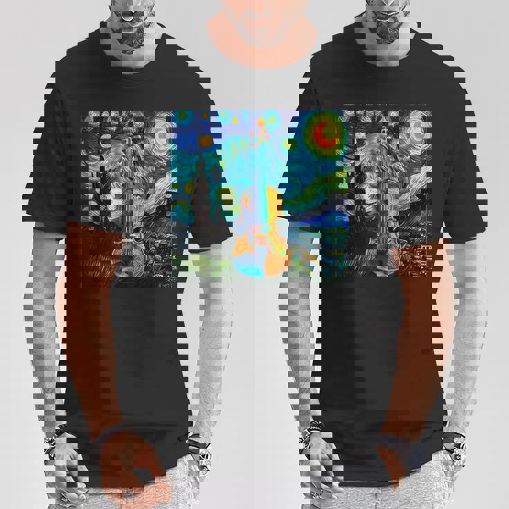 バイオリン 楽器 面白いtシャツ ゴッホ 星月夜 かわいい メンズ 子供 おもしろ 服 グッズ ネタ 音楽 Tシャツ 面白い贈り物