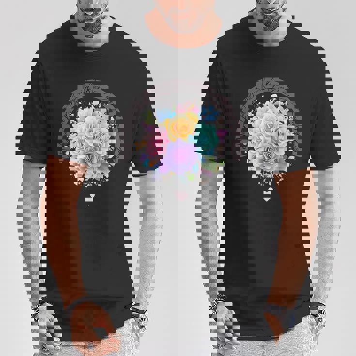 パステルレインボーローズがあらゆる色合いにハートを咲かせます Tシャツ 面白い贈り物