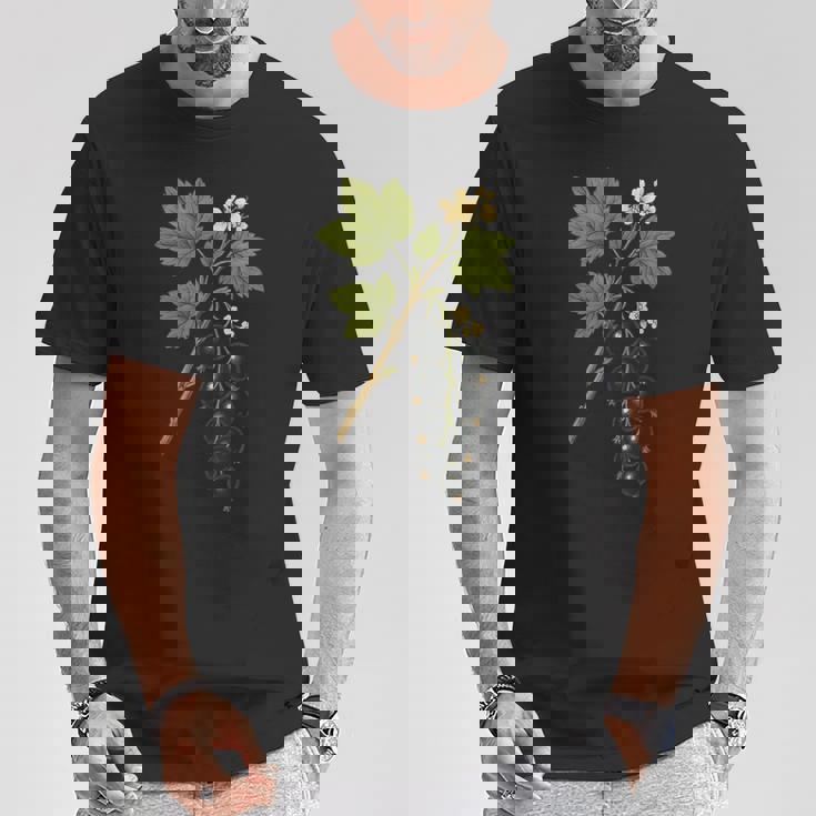 ビンテージボタニカルブラックカラント自然アートプリント Tシャツ 面白い贈り物