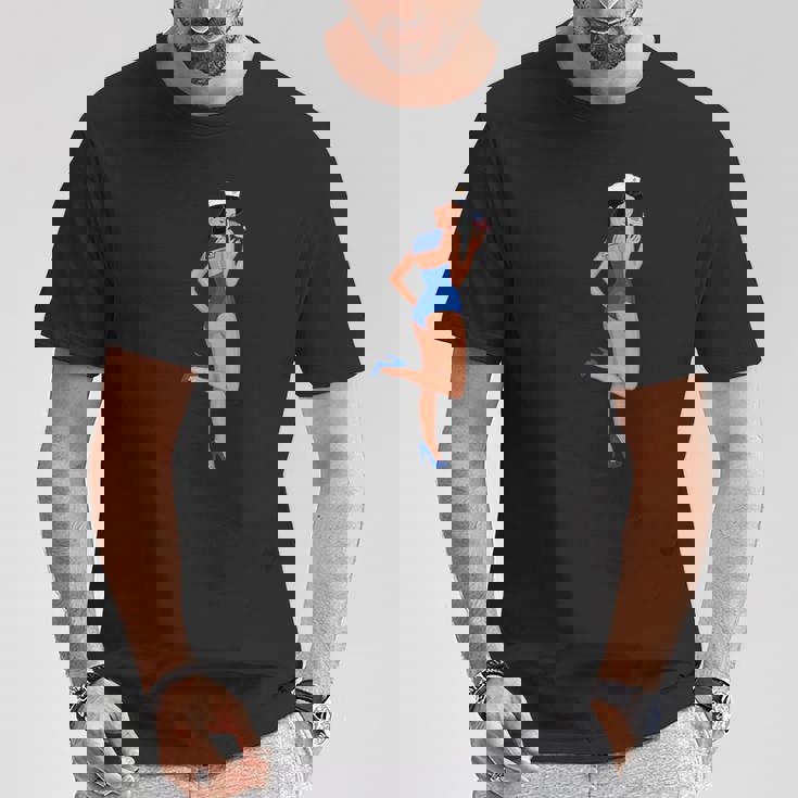 ピンナップガール セーラー アメリカ国旗 Tシャツ 面白い贈り物