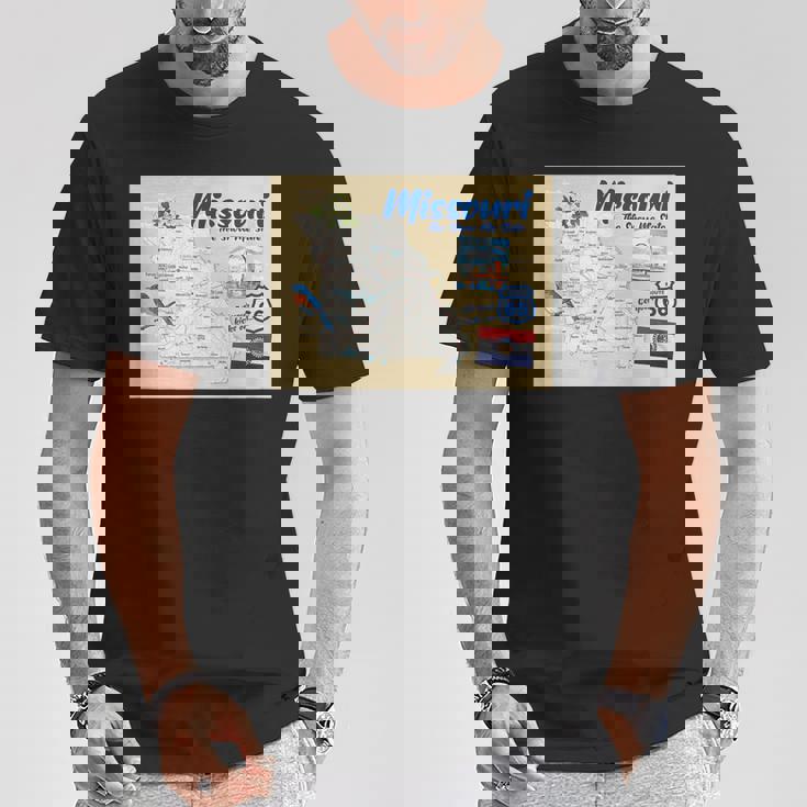 ミズーリ州、マップフラッグアーチブルーバードフラワーランドマーク Tシャツ 面白い贈り物