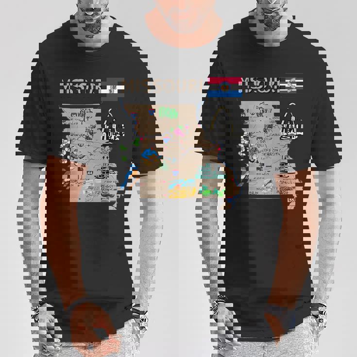 ミズーリ州のランドマーク、主要都市、道路、旗の地図 Tシャツ 面白い贈り物