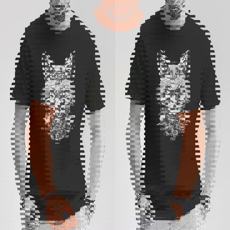 メカニカルきつね 近未来デザイン 長袖tシャツ Tシャツ 面白い贈り物