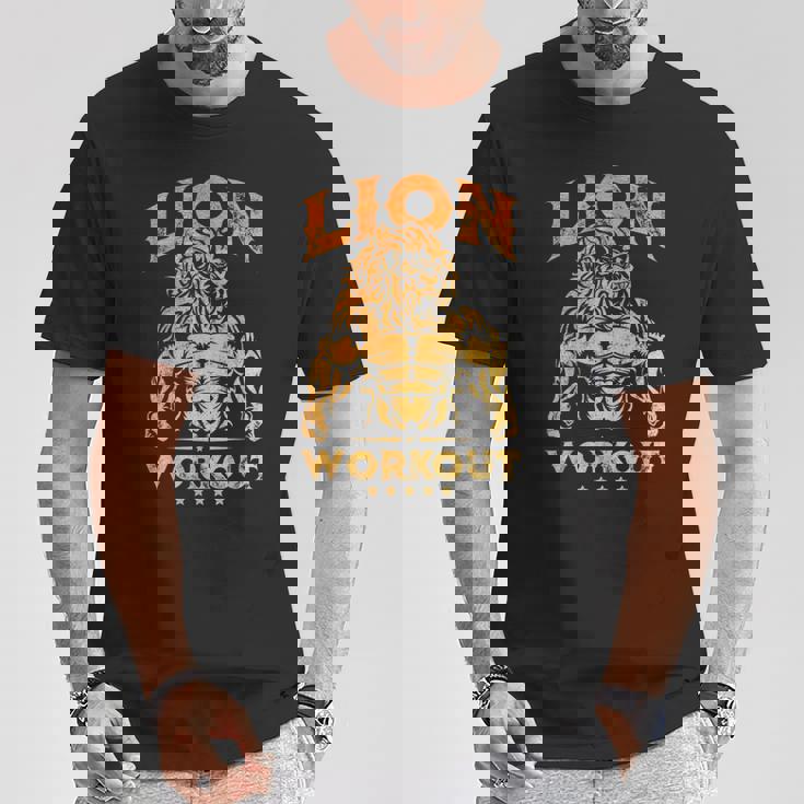 ライオン ワークアウト ゴールド トレーニング ビースト ジム フィットネス パワーマッスル Tシャツ 面白い贈り物