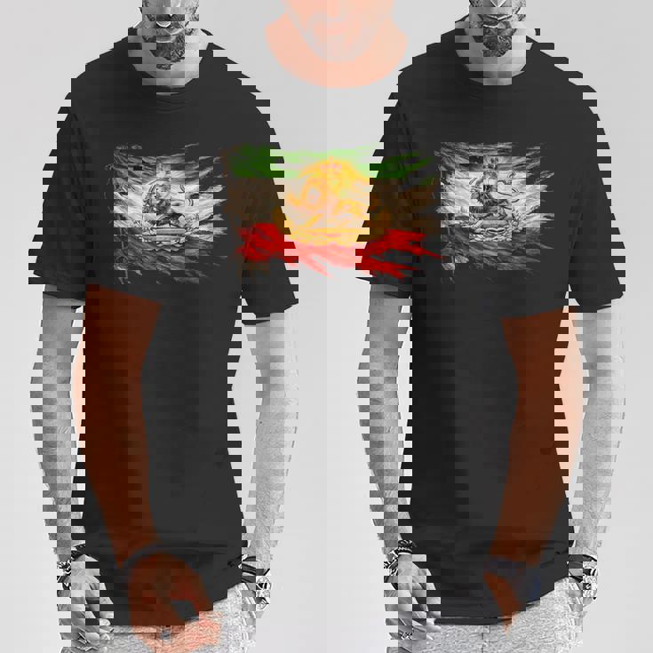 ライオンと太陽のエンブレムが付いたイランの国旗、ヴィンテージペルシャ遺産。 Tシャツ 面白い贈り物