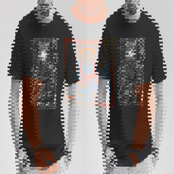 レトロな侍猫 戦士の猫 長袖tシャツ Tシャツ 面白い贈り物