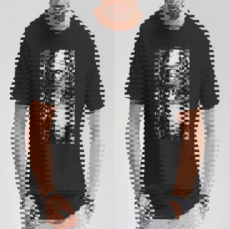 不気味な漫画 少女 怖い目 ホラー ハロウィン 恐ろしい Tシャツ 面白い贈り物