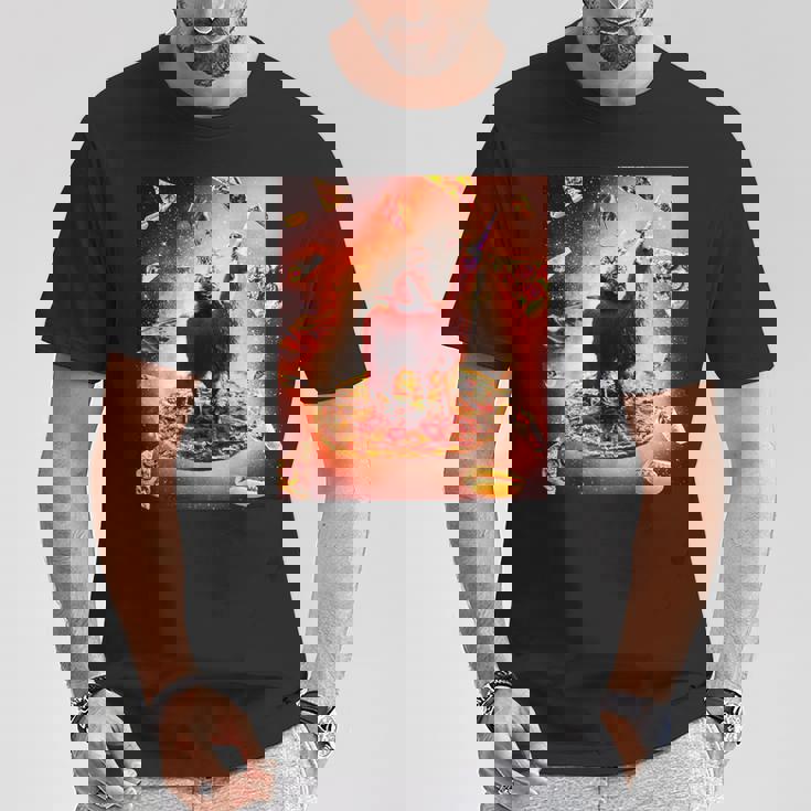 宇宙 猫 ライディング ラマ ユニコーン ピザ Tシャツ 面白い贈り物