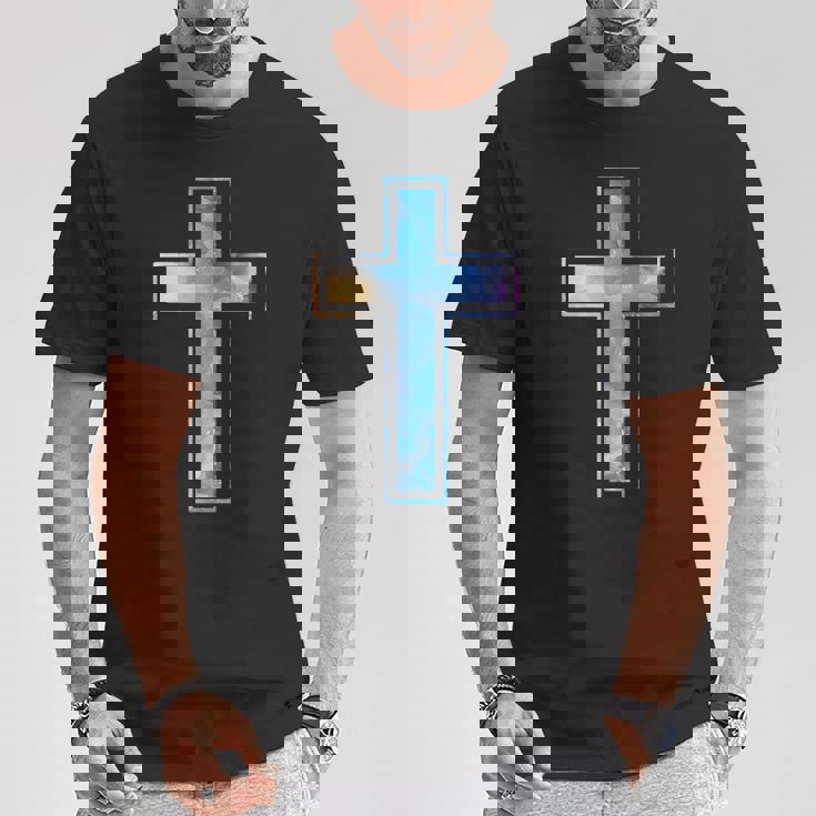 宗教のシルエット 信仰 水彩 キリスト教 十字架 Tシャツ 面白い贈り物