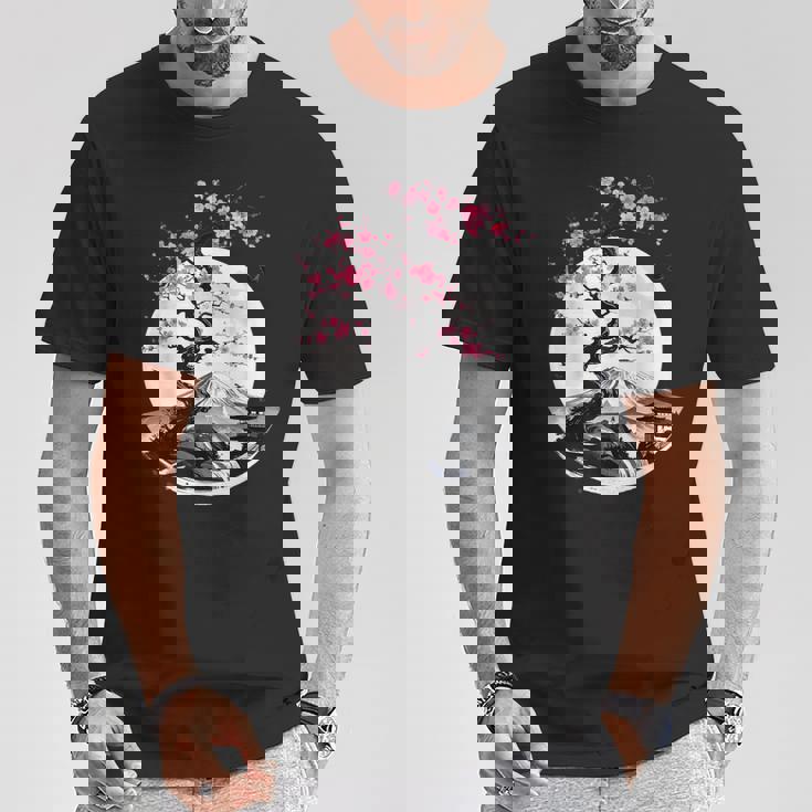 桜と月と富士山のtシャツ 春 花見 和柄 和風 和 メンズ レディース キッズ 水墨画 ギフト 服 サクラ Tシャツ 面白い贈り物