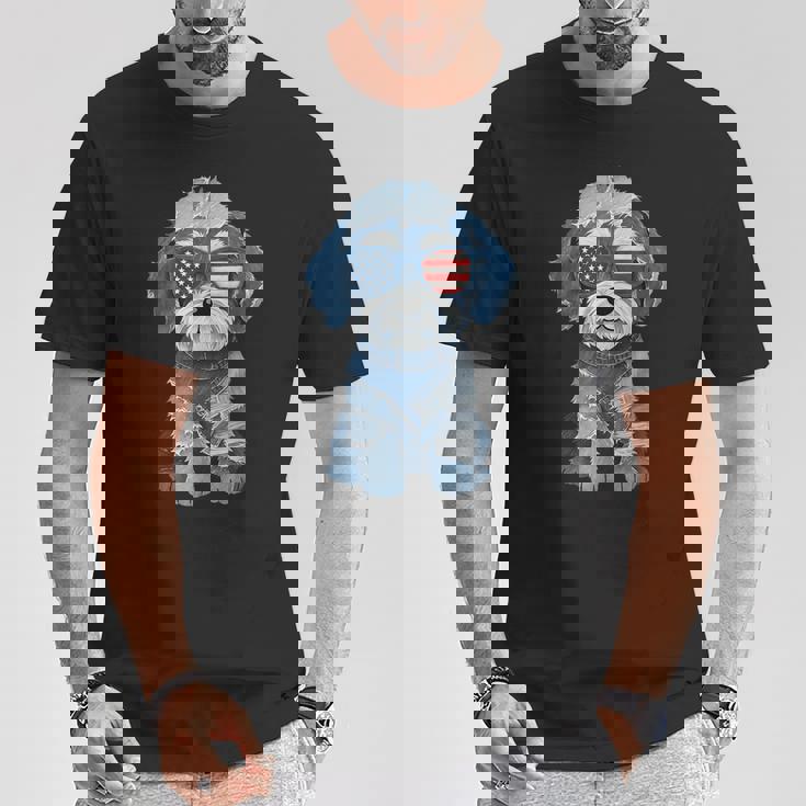 犬 柄 デニム パッチワーク アート Tシャツ 面白い贈り物