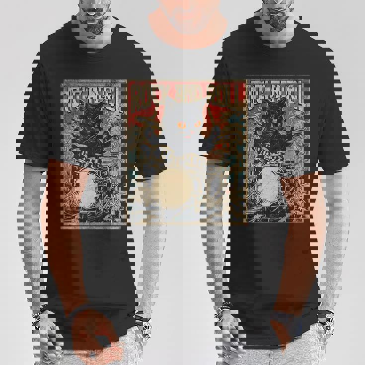 猫 演奏 ドラム ロック オン ヴィンテージ ロック ドラマー 猫 長袖tシャツ Tシャツ 面白い贈り物