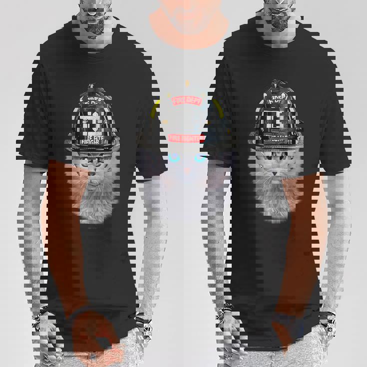 白いペルシャ猫 ねこ 消防士 Tシャツ 面白い贈り物