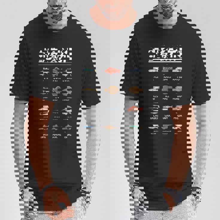 釣り魚ガイド アジ カツオ 鱚 カレイ 平目 サンマ 真鯛 鰯 マゴチ ブリ 太刀魚 釣り好き 海釣り 船釣り 釣り Tシャツ 面白い贈り物