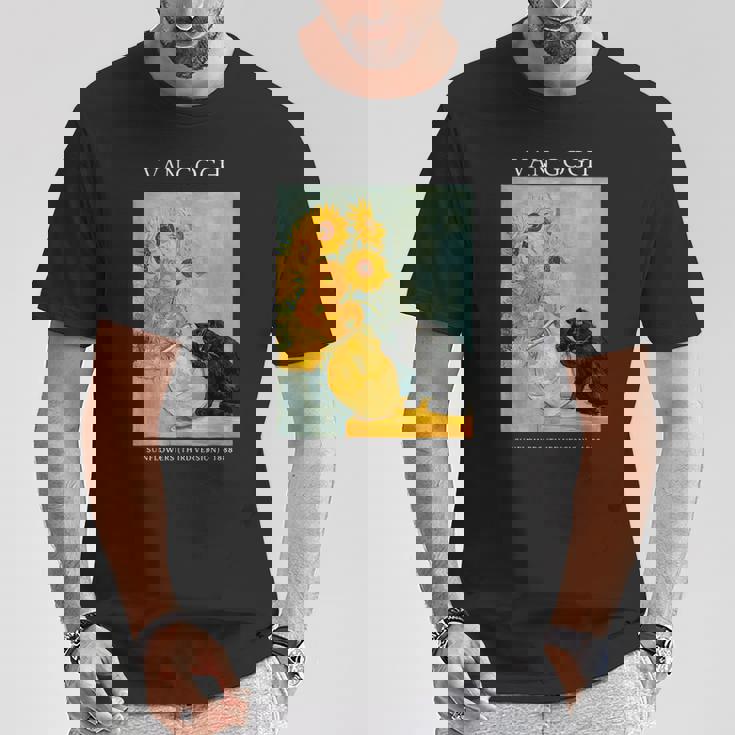 面白いゴッホ風変わりな猫とひまわりの花瓶パロディアート Tシャツ 面白い贈り物