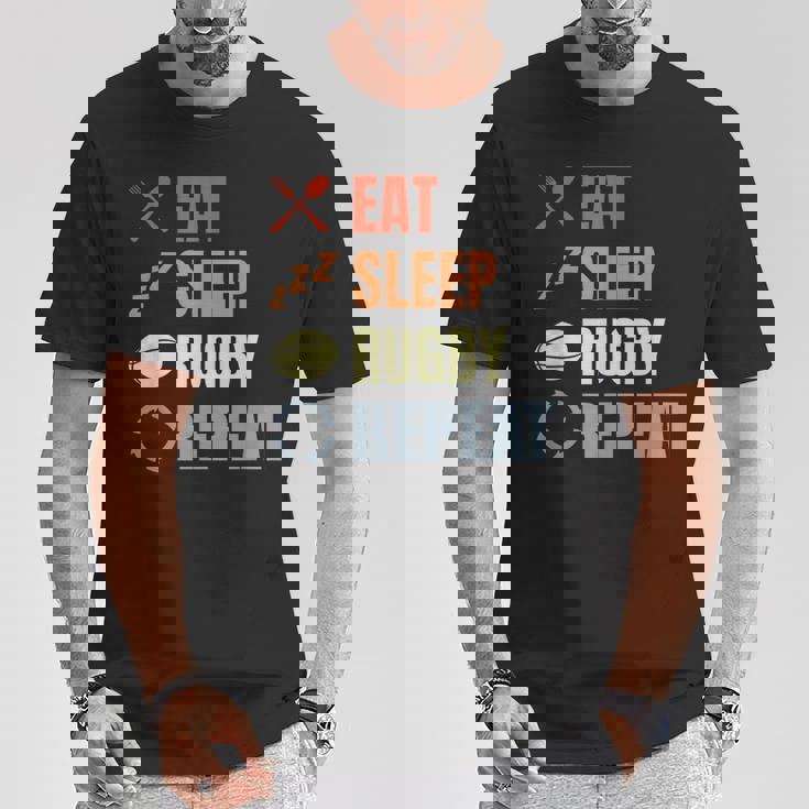 食べる寝るラグビーリピートラグビーコーチチームスポーツ Tシャツ 面白い贈り物