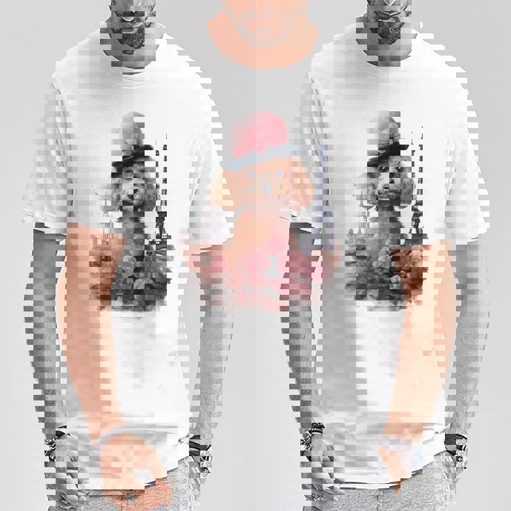 かわいい フランス パリ エッフェル塔 トイプードル パリジャンプードル 長袖tシャツ Tシャツ 面白い贈り物