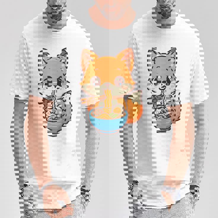 かわいいキツネを食べるラーメンかわいい動物アート Tシャツ 面白い贈り物