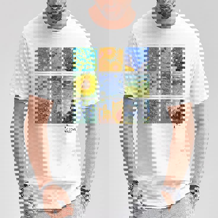 ひまわりと星月夜のゴッホ絵画コラージュ Tシャツ 面白い贈り物
