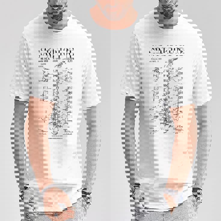 サックス オールド ヴィンテージ 特許 図面 プリント Tシャツ 面白い贈り物