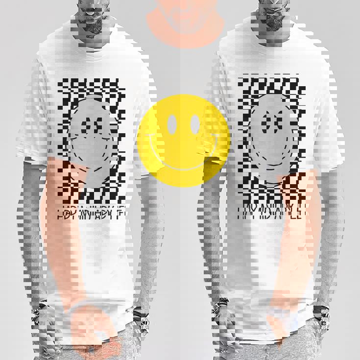 ハッピーマインド ハッピーライフ 70年代 スマイルチェック ハッピースマイルフェイス Tシャツ 面白い贈り物