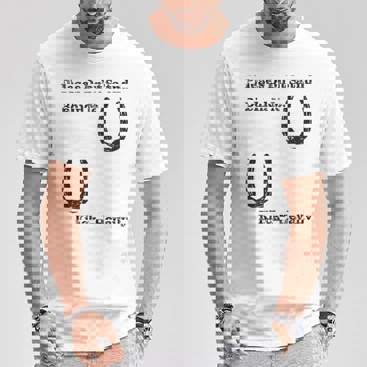 後蹴りに注意 蹄鉄 馬好き 馬術部 キッズ 大人 親子ペア バックプリント Tシャツ 面白い贈り物