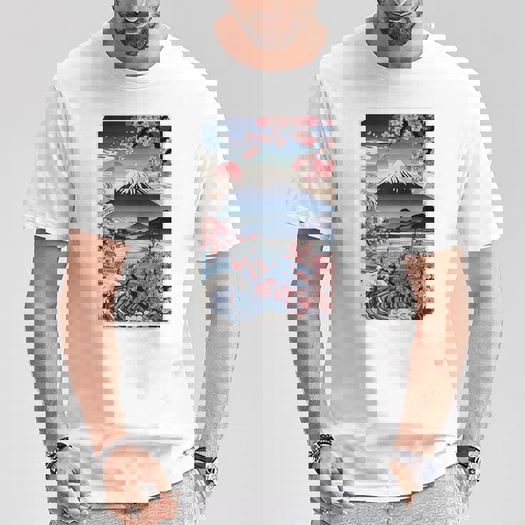 日本の桜庭 芸者 富士山 桜 木 Tシャツ 面白い贈り物
