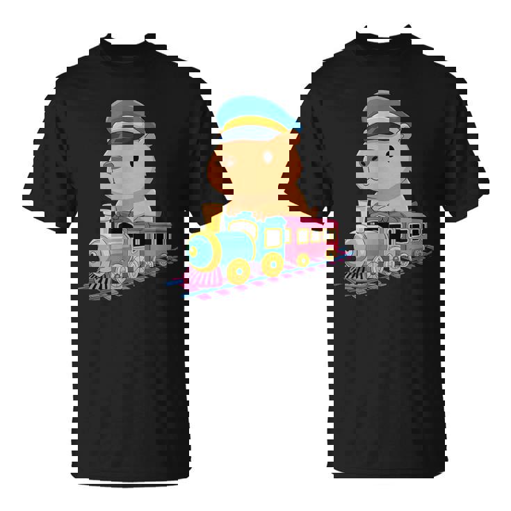 Capybara Riding Train Cute Kawaii Cartoon Rail Adventure Tシャツ