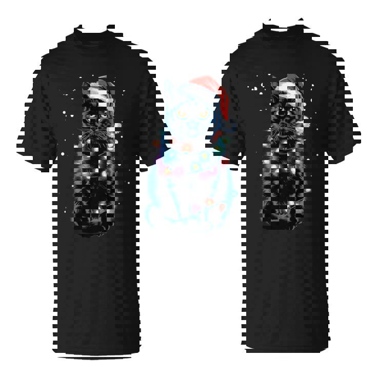 Chat Noir Guirlande Lumineuse Du Père Noël Chat Du Père Noël Manche Longue T-Shirt