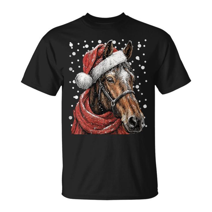 Cheval Enneigé Avec Bonnet De Père Noël D'hiver T-Shirt