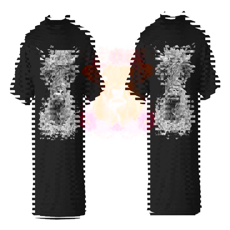 Cute Baby Highland Cow With Flowers Calf Animal Cow Women T-Shirt